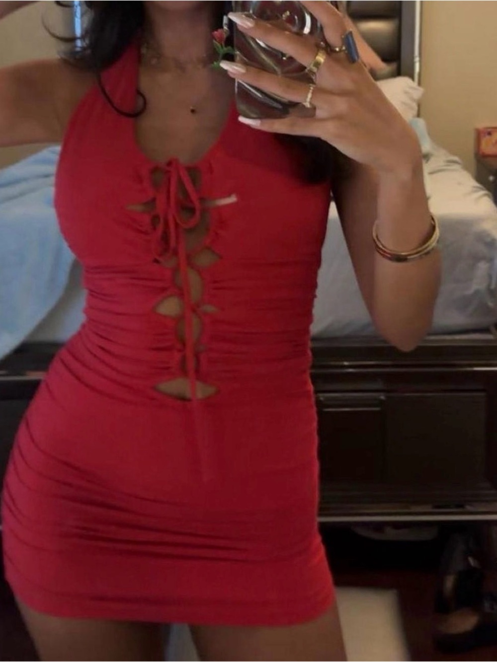 Red Halter Lace-Up Mini Dress - Picture 2 of 6